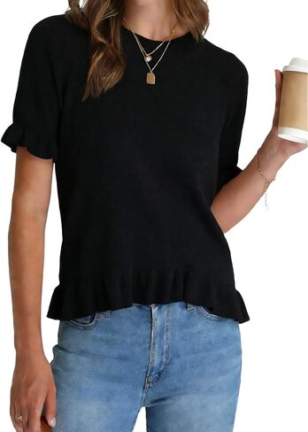 Dqbeng Womens Short Sleeve Sweater Ruffled Hem Knit Pullover Crewneck Lightweight Spring Summer Casual Tops in Kuwait