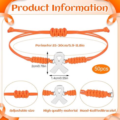 Leukemia Awareness Bracelet Orange Awareness Bracelet Adjustable Cord Ribbon Bracele-t Multiple Sclerosis Accessories with Inspirational Card Bag Cancer Survivor Gift for Men Women in Kuwait