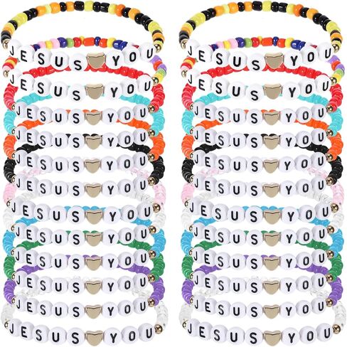 24 Pcs Jesus Bracelets, Jesus Loves You Bracelets Christian Bracelet Bulk Friendship Clay Bead Bracelet Bulk Stackable Elastic Inspirational Easter Gifts for Women Men in Kuwait