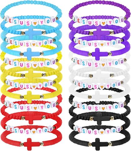 24 Pcs Jesus Bracelets, Jesus Loves You Bracelets Christian Bracelet Bulk Friendship Clay Bead Bracelet Bulk Stackable Elastic Inspirational Easter Gifts for Women Men in Saudi Arabia