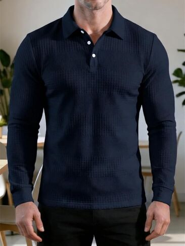 Men's Casual Polo Shirts Long Sleeve Solid Color Classic Button Top Golf Shirts in Saudi Arabia