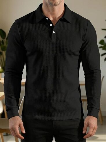 Men's Casual Polo Shirts Long Sleeve Solid Color Classic Button Top Golf Shirts in Saudi Arabia