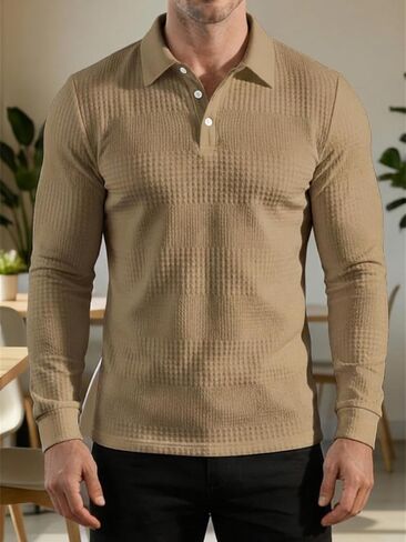 Men's Casual Polo Shirts Long Sleeve Solid Color Classic Button Top Golf Shirts in Saudi Arabia