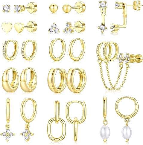Turandoss 13 Pairs Gold Hoop Earrings for Women, Hypoallergenic 14K Gold Plated Hoop Stud Huggie Pearl Earring Set, Dainty Flat Back Cartilage Earring Stacks for Multiple Piercings in Saudi Arabia