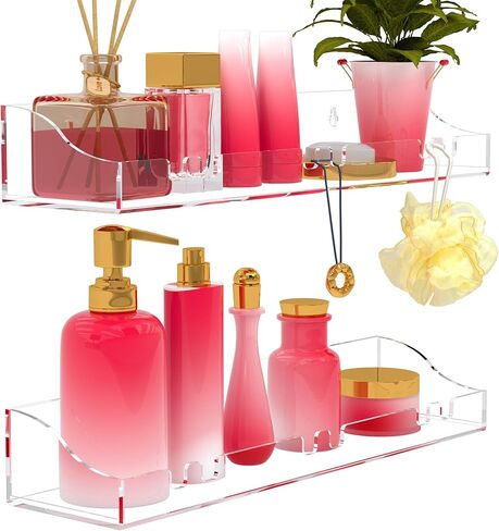 أرفف أكريليك للحمام مكونة من قطعتين رف عائم للاستحمام مع خطافات شفافة مثبتة على الحائط بدون حفر أرفف تخزين سميكة (أرفف من قطعتين) in Kuwait