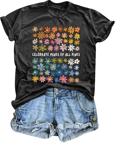 Women Autism Awareness T Shirts Celebrate Minds of All Kinds Shirt Mental Health Inspirational Short Sleeve Tee Tops in Saudi Arabia