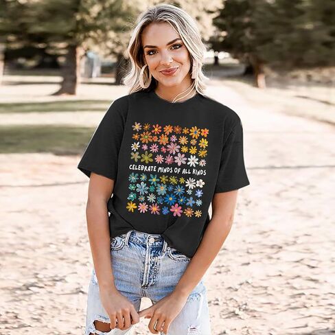 Women Autism Awareness T Shirts Celebrate Minds of All Kinds Shirt Mental Health Inspirational Short Sleeve Tee Tops in Saudi Arabia