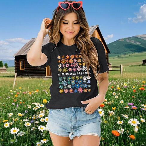 Women Autism Awareness T Shirts Celebrate Minds of All Kinds Shirt Mental Health Inspirational Short Sleeve Tee Tops in Saudi Arabia
