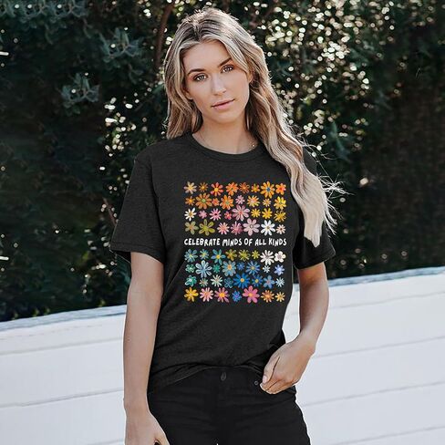 Women Autism Awareness T Shirts Celebrate Minds of All Kinds Shirt Mental Health Inspirational Short Sleeve Tee Tops in Saudi Arabia