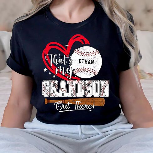 Personalized Thats My Grandson Baseball Shirt with Custom Player Name – Proud Grandma Game Day Tee – Heart Baseball Graphic Family Supporter Top for Tournament Season S5 in Saudi Arabia