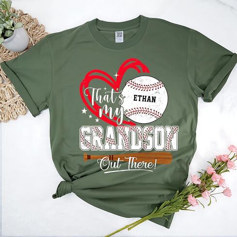 Personalized Thats My Grandson Baseball Shirt with Custom Player Name – Proud Grandma Game Day Tee – Heart Baseball Graphic Family Supporter Top for Tournament Season S5 in Saudi Arabia