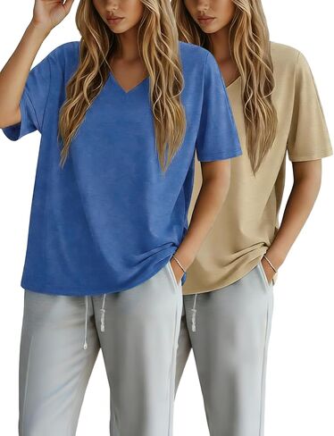 OPCAKM Women's Workout Summer Oversized Tee V Neck 2 Pack T-Shirts Cotton Basic Tops for Casual Wear in Kuwait