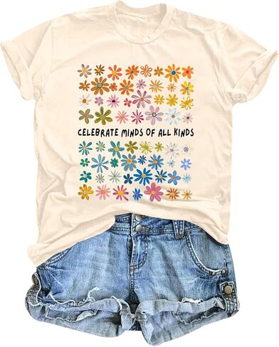 Women Autism Awareness T Shirts Celebrate Minds of All Kinds Shirt Mental Health Inspirational Short Sleeve Tee Tops in Saudi Arabia