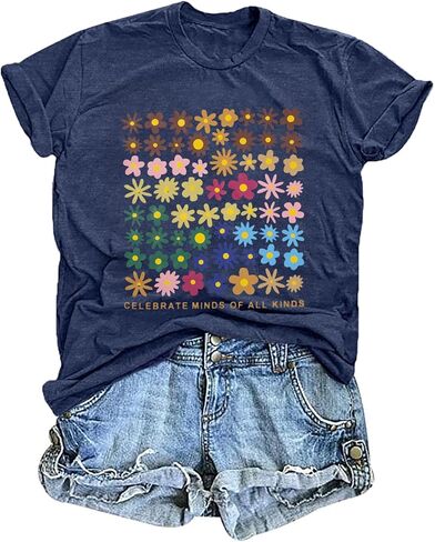 Women Autism Awareness T Shirts Celebrate Minds of All Kinds Shirt Mental Health Inspirational Short Sleeve Tee Tops in Saudi Arabia