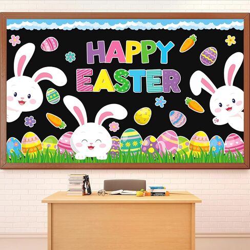 JarThenaAMCS Easter Bulletin Board Decorations Spring Bunny Rabbit Egg Flower Paper Cutouts Cloud Grass Border Trim for School Classroom Chalkboard Wall Decor Party Supplies in Saudi Arabia