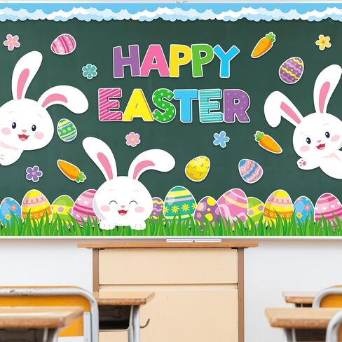 JarThenaAMCS Easter Bulletin Board Decorations Spring Bunny Rabbit Egg Flower Paper Cutouts Cloud Grass Border Trim for School Classroom Chalkboard Wall Decor Party Supplies in Saudi Arabia