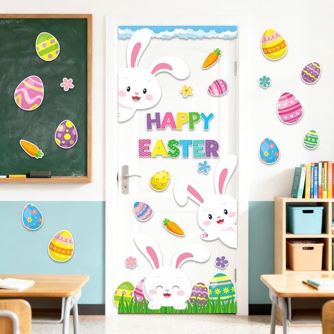 JarThenaAMCS Easter Bulletin Board Decorations Spring Bunny Rabbit Egg Flower Paper Cutouts Cloud Grass Border Trim for School Classroom Chalkboard Wall Decor Party Supplies in Saudi Arabia