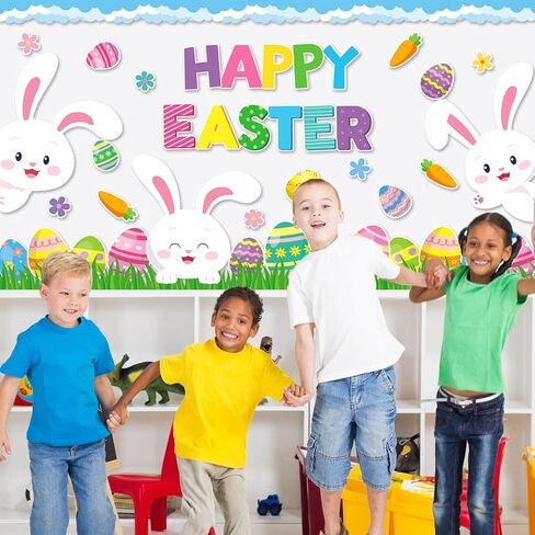 JarThenaAMCS Easter Bulletin Board Decorations Spring Bunny Rabbit Egg Flower Paper Cutouts Cloud Grass Border Trim for School Classroom Chalkboard Wall Decor Party Supplies in Saudi Arabia