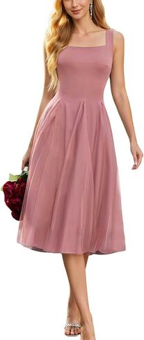 Women's Midi Tulle Summer Prom Dresses Smocked Mesh Puffy Formal Wedding Guest Bridesmaid Cocktail Party Gown in Saudi Arabia