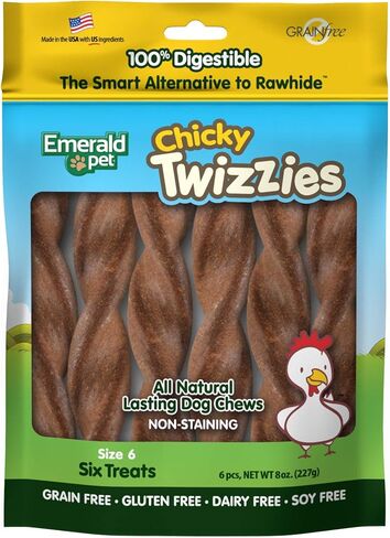 Emerald Pet Twizzies خالية من الجلود الخام، 100% حلوى مضغ طبيعية قابلة للهضم للكلاب، مصنوعة في الولايات المتحدة الأمريكية، مقاس 6، عبوة متعددة من زبدة الفول السوداني in Kuwait