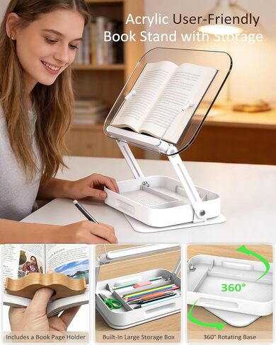 حامل كتب للقراءة، حامل كتب أكريليك قابل للتعديل مع حامل صفحة الكتاب، حامل كتب الطبخ 360 درجة مع مساحة تخزين لطاولة المطبخ، حامل كتب وصفات بدون استخدام اليدين لكتب الطبخ المدرسية، شفاف in Saudi Arabia