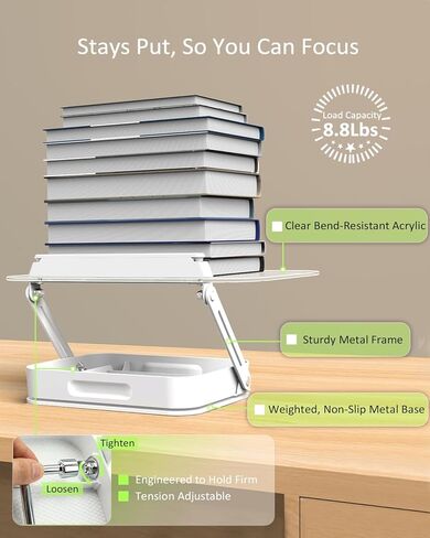 حامل كتب للقراءة، حامل كتب أكريليك قابل للتعديل مع حامل صفحة الكتاب، حامل كتب الطبخ 360 درجة مع مساحة تخزين لطاولة المطبخ، حامل كتب وصفات بدون استخدام اليدين لكتب الطبخ المدرسية، شفاف in Saudi Arabia