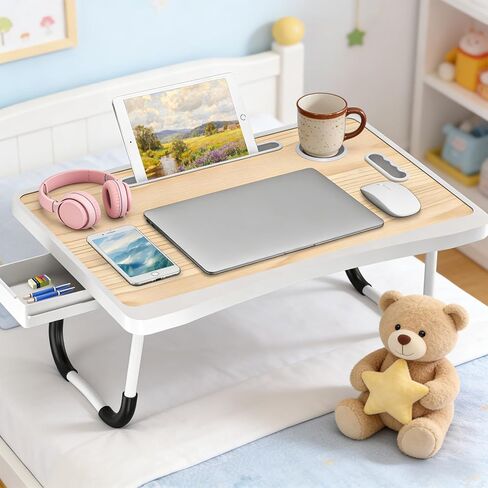 Laptop Bed Table with Foldable Legs & Cup Holder - Portable Lap Desk for Eating, Working, Writing on Bed, Sofa or Floor, Lightweight Standing Tray for Laptop, Breakfast, Tablet, Book (Yellow) in Kuwait