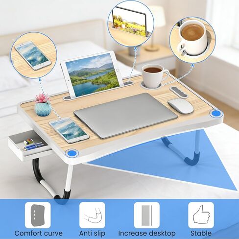 Laptop Bed Table with Foldable Legs & Cup Holder - Portable Lap Desk for Eating, Working, Writing on Bed, Sofa or Floor, Lightweight Standing Tray for Laptop, Breakfast, Tablet, Book (Yellow) in Kuwait