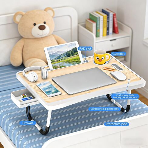 Laptop Bed Table with Foldable Legs & Cup Holder - Portable Lap Desk for Eating, Working, Writing on Bed, Sofa or Floor, Lightweight Standing Tray for Laptop, Breakfast, Tablet, Book (Yellow) in Kuwait