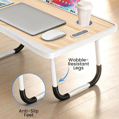 Laptop Bed Table with Foldable Legs & Cup Holder - Portable Lap Desk for Eating, Working, Writing on Bed, Sofa or Floor, Lightweight Standing Tray for Laptop, Breakfast, Tablet, Book (Yellow) in Kuwait