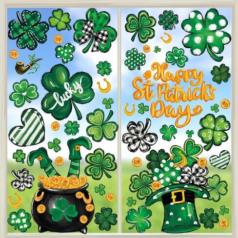 St Patrick’s Day Window Clings Green Clover Window Stickers with Gold Coin Hat Clover Design Holiday Window Decals for School Glass Door Display Home Party Decor Supplies 1 Sheet in Kuwait