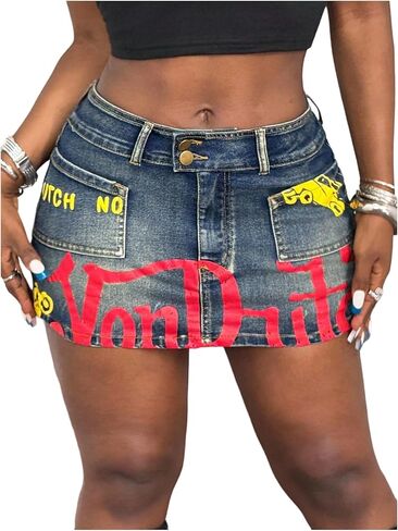 تنورة جينز نسائية من Verdusa بطبعة حروف Y2K وتنورات من الدنيم الدقيق مع جيوب in Kuwait