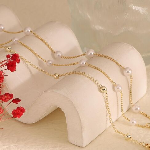 أساور اللؤلؤ للنساء أنيقة 14K مطلية بالذهب الطبقات اللؤلؤ سوار غير تشويه سوار الأقمار الصناعية سحر قابل للتعديل هدايا مجوهرات لوصيفة العروس الزفاف in Kuwait