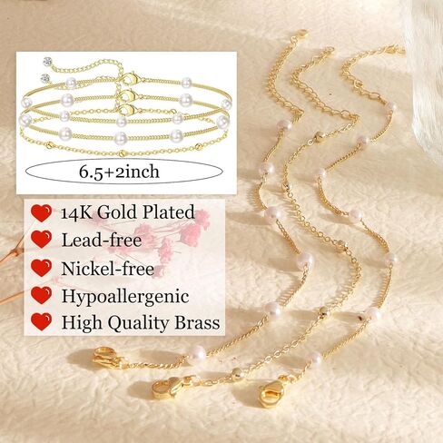 أساور اللؤلؤ للنساء أنيقة 14K مطلية بالذهب الطبقات اللؤلؤ سوار غير تشويه سوار الأقمار الصناعية سحر قابل للتعديل هدايا مجوهرات لوصيفة العروس الزفاف in Kuwait