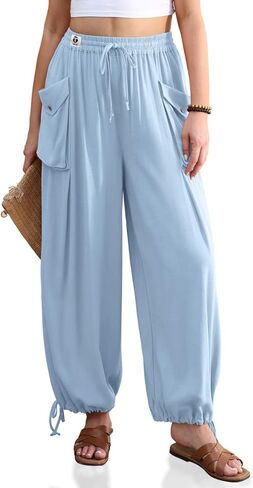 TARSE Womens Linen Wide Leg Pants Casual Loose Drawstring Palazzo Trousers Beach Boho Summer Travel Pants in Kuwait