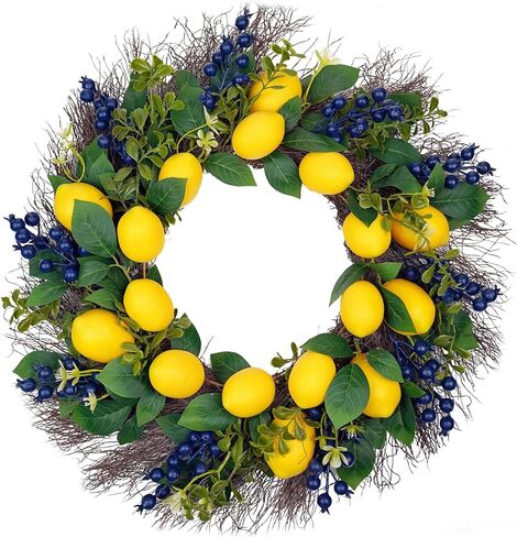 22" Artificial Lemon & Blueberry Wreath - Lifelike Spring Summer Fruit Wreath for Front Door Windows Farmhouse Cottage Kitchen Home Decor in Saudi Arabia