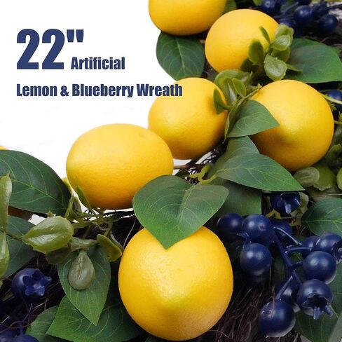 22" Artificial Lemon & Blueberry Wreath - Lifelike Spring Summer Fruit Wreath for Front Door Windows Farmhouse Cottage Kitchen Home Decor in Saudi Arabia