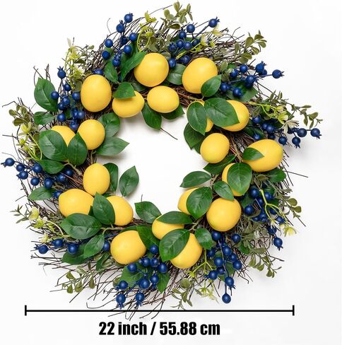 22" Artificial Lemon & Blueberry Wreath - Lifelike Spring Summer Fruit Wreath for Front Door Windows Farmhouse Cottage Kitchen Home Decor in Saudi Arabia