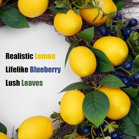 22" Artificial Lemon & Blueberry Wreath - Lifelike Spring Summer Fruit Wreath for Front Door Windows Farmhouse Cottage Kitchen Home Decor in Saudi Arabia