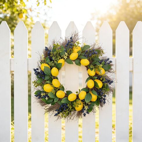 22" Artificial Lemon & Blueberry Wreath - Lifelike Spring Summer Fruit Wreath for Front Door Windows Farmhouse Cottage Kitchen Home Decor in Saudi Arabia