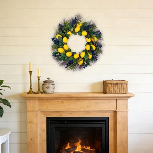 22" Artificial Lemon & Blueberry Wreath - Lifelike Spring Summer Fruit Wreath for Front Door Windows Farmhouse Cottage Kitchen Home Decor in Saudi Arabia