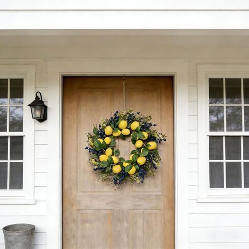 22" Artificial Lemon & Blueberry Wreath - Lifelike Spring Summer Fruit Wreath for Front Door Windows Farmhouse Cottage Kitchen Home Decor in Saudi Arabia