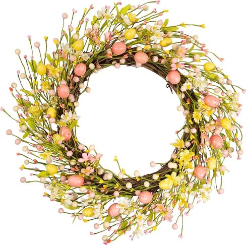 22 Inch Classic Easter Wreath, Eggs Wreath for Front Door with Pink Yellow White Wildflowers and Berries Spring Summer Door Wreath for Outside Porch, Farmhouse Easter Home Decor in Kuwait