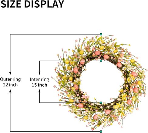 22 Inch Classic Easter Wreath, Eggs Wreath for Front Door with Pink Yellow White Wildflowers and Berries Spring Summer Door Wreath for Outside Porch, Farmhouse Easter Home Decor in Kuwait