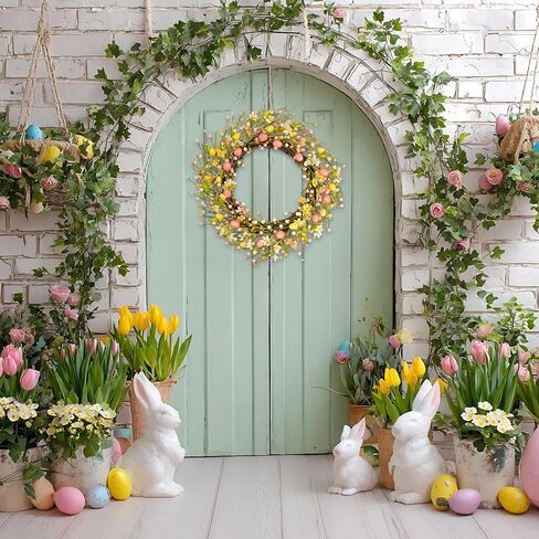 22 Inch Classic Easter Wreath, Eggs Wreath for Front Door with Pink Yellow White Wildflowers and Berries Spring Summer Door Wreath for Outside Porch, Farmhouse Easter Home Decor in Kuwait