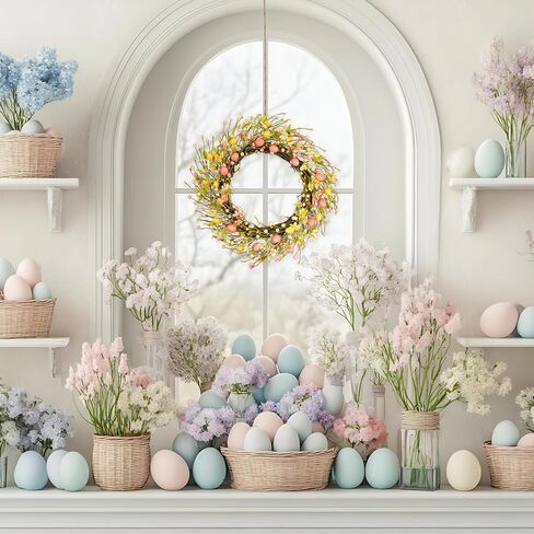 22 Inch Classic Easter Wreath, Eggs Wreath for Front Door with Pink Yellow White Wildflowers and Berries Spring Summer Door Wreath for Outside Porch, Farmhouse Easter Home Decor in Kuwait