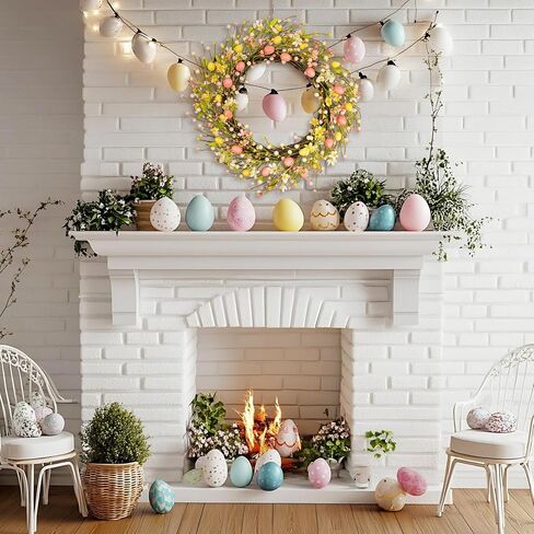 22 Inch Classic Easter Wreath, Eggs Wreath for Front Door with Pink Yellow White Wildflowers and Berries Spring Summer Door Wreath for Outside Porch, Farmhouse Easter Home Decor in Kuwait