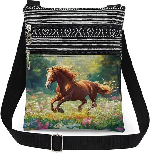 Galloping Horse Floral Print Crossbody Bag Adjustable Unisex Shoulder Bag with Zipper Travel Purse Horse Lovers Gift for Outdoor Adventures Nature Lovers Birthday in Saudi Arabia