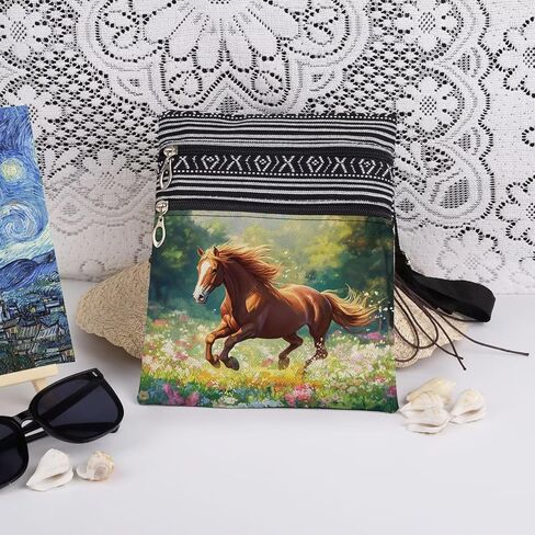 Galloping Horse Floral Print Crossbody Bag Adjustable Unisex Shoulder Bag with Zipper Travel Purse Horse Lovers Gift for Outdoor Adventures Nature Lovers Birthday in Saudi Arabia