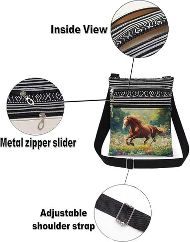 Galloping Horse Floral Print Crossbody Bag Adjustable Unisex Shoulder Bag with Zipper Travel Purse Horse Lovers Gift for Outdoor Adventures Nature Lovers Birthday in Saudi Arabia